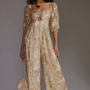 Anthropologie Elegant Paisley Jumpsuit in Cream and Gold